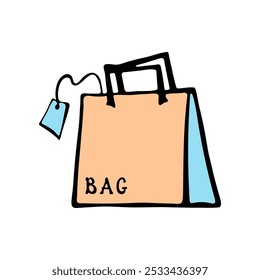 Orange leather bag with blue tag. Bags for fashion ads, seasonal sales, and store promotions. Sketch illustration. Vector image.
