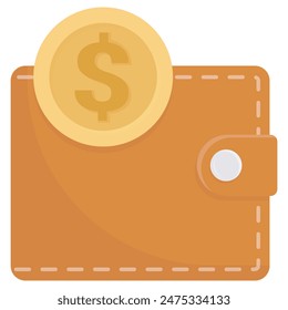 Orange leather wallet with gold dollar coin. Cartoon style, flat design. Vector illustration