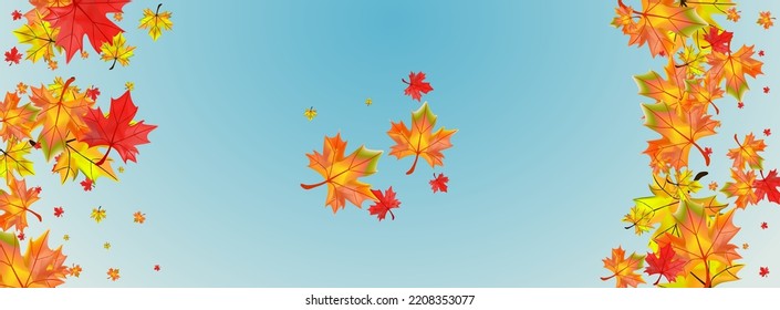 Orange Leaves Background Blue Vector. Plant Decor Illustration. Brown Wallpaper Leaf. Realistic Foliage Texture.