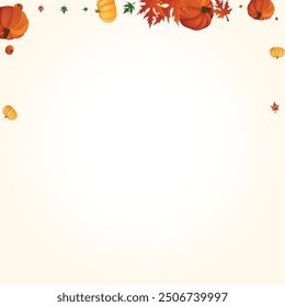 Orange Leaves Background Light Vector. Yellow Fall Texture. Red Gourd Decorative Border. Pumpkin Floral. Image Set.