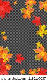 Orange Leaves Background Transparent Vector. Leaf Forest Texture. Autumnal Tree Floral. Bright Plant Design.