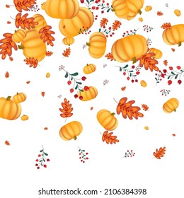 Orange Leaves Background White Vector. Leaf Graphic. Yellow Farm Template. Wallpaper Banner. Green Gourd Botanical Card.