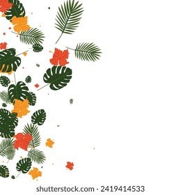 Orange Leaves Background White Vector. Leaf Realistic Illustration. Red Palm. Paradise Frame. Yellow Branch Design.