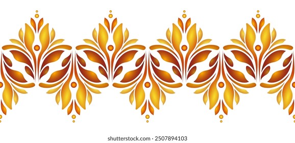 Orange leaves design seamless border on white background. Folk floral vector illustration. Ethnic paisley ornament. Bright sunny autumn design. Fantasy geometric shapes for decor clothes, home, etc