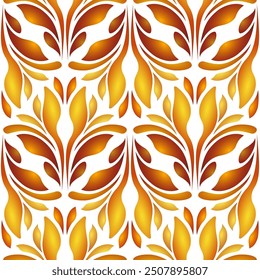 Orange leaves design seamless pattern on white background. Folk floral vector illustration. Ethnic paisley ornament. Bright sunny autumn background. Fantasy shapes for decor clothes, home, etc