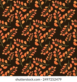 Orange leaves of fall or aumtumn seamless pattern on dark brown background for textile or fabric printings, table clothes, curtains, wrapping paper and other printings.