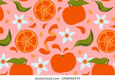 Orange, leaves, flowers, seeds and orange peel seamless pattern on pink background. Tangerine exotic citrus wallpaper for printing or packaging.