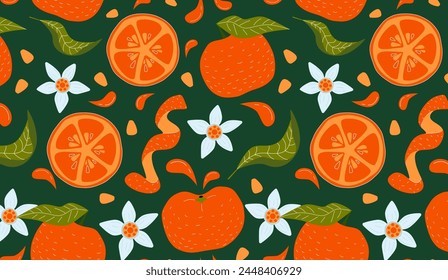 Orange, leaves, flowers, seeds and orange peel seamless pattern on green background. Tangerine exotic citrus wallpaper for printing or packaging.