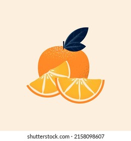 
Naranja con hojas y jugosas rodajas de color naranja en un fondo limpio. Ilustración vectorial de naranjas para patrones, impresiones, ilustraciones, etc.