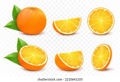 Orange with leaves, half, slice, circle and whole juicy fruit isolated on white background. Realistic 3d vector citrus set