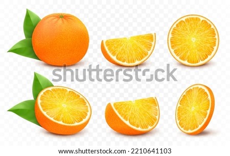 Orange with leaves, half, slice, circle and whole juicy fruit isolated on white background. Realistic 3d vector citrus set