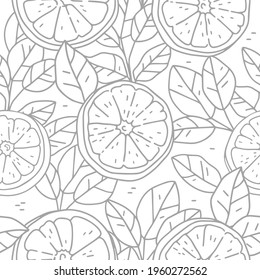 Orange and leaves. Juicy citrus fruit, slices. Tropical tree. Outline drawing in a minimalistic style, sketch. Abstract background with botanical elements. Vector seamless pattern. Modern print design