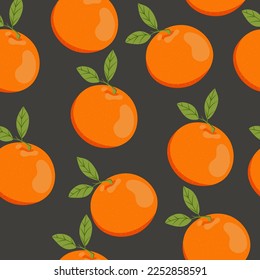 Orange with leaves on a black background in the style of hand drawn. Vector stock illustration. orange fruits. Nature. Food. Summer. Fruit