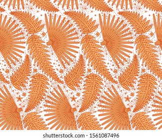Orange leaves, palm trees vector seamless pattern. Exotic floral decorative ornament. 