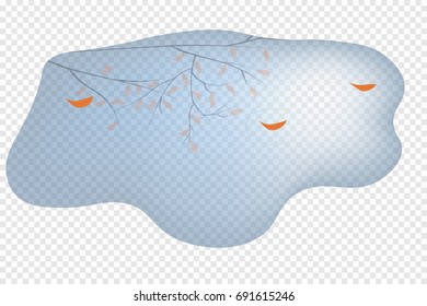 orange leaves in a puddle after a rain, reflection, vector illustration