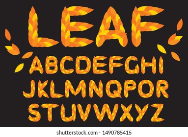 Orange leaves stylized font. Vector modern flat the letters isolated on black background. Autumn alphabet.