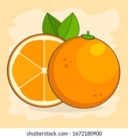 Orange With Leaves. Vector Decorative Illustration For Poster, Emblem Natural Product, Farmers Market. Perfect For Packaging Design Of Cosmetics And Food.