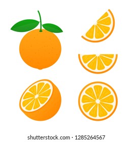 Orange with leaves whole and slices of oranges. Vector stock illustration of oranges.