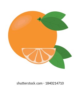 Orange with leaves whole and slices of oranges.  Vector illustration for decorative poster, emblem natural product, farmers market