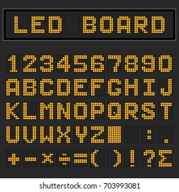 Orange LED digital english uppercase font, number and mathematics symbol display on black background