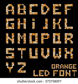 Orange LED digital font on black background, vector illustration