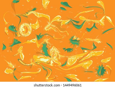 Orange and lemon abstract shape summer illustration pattern with leafs on yellow background 