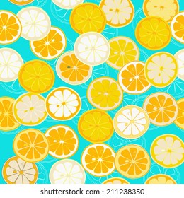 Orange Lemon Cheerful seamless pattern. Vector background. Use for textiles, pillow & interior decoration, wallpaper, web page background, surface textures, wrapping paper, food & cosmetics labeling.