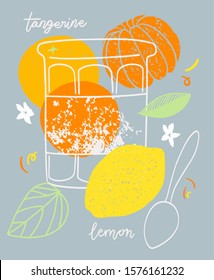 Orange and lemon citrus jam hand drawn illustration in vintage cute textured style. Spoon and jar countours with ingredients lettering on blue gray background.