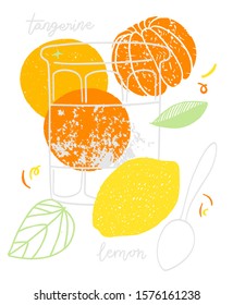 Orange and lemon citrus jam hand drawn illustration in vintage cute textured style. Spoon and jar countours with ingredients lettering on white background.