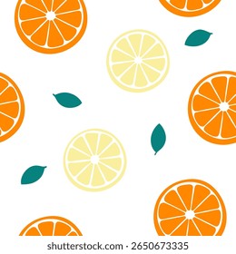 Orange and lemon citrus slices pattern on white background seamless pattern for fabric, textiles, clothing, wallpaper, cover, banner, home decor, florals backgrounds