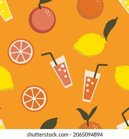 orange, lemon cute style vector seamless pattern. fruit juice cartoon on orange background. summer colorful elements decorative cute. graphic of hand drawn illustration for print, wallpaper, textile.