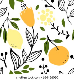 Orange, lemon and flower seamless pattern. Cute floral summer background. Vector botany texture with doodle plants. Modern and original textile print, wrapping paper, wall art design