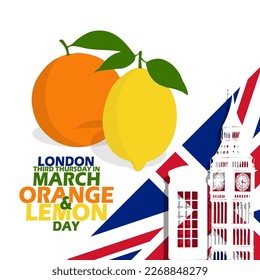 Orange and lemon fruit with British flag and bold text on white background to celebrate Orange And Lemons Day on Third Thursday Of March In London