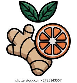 Orange Zitronenfrucht mit Ingwer-Wurzelgrünblatt, einzelne Vektorgrafik auf weißem Hintergrund