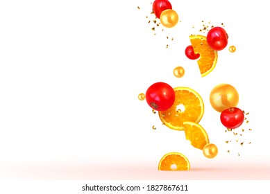 Cortes y mitades de diseño realistas de fruta naranja y limón. Antecedentes con cítricos y arándanos rojos, grosellas. Ilustración del vector
