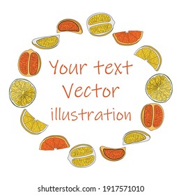 Orange and lemon fruit wreath round frame on white background vector illustration