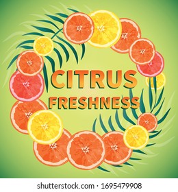 
Orange, lemon, grapefruit slices on a yellow-orange background. Citruses. Bright summer pattern with tropical leaves. Round frame with the text Freshness.
