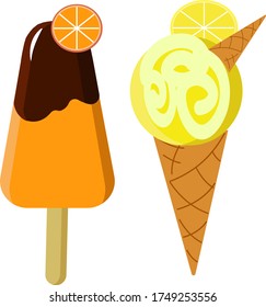 Orange and lemon ice cream. Vector summer illustration on a white background.