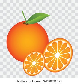 Orange and lemon illustration. Orange vector on transparent background. Realistic orange with green leaf. Orange vector illustration