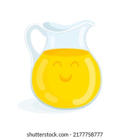 Orange lemon juice in a glass decanter with a cute face. Vector illustration of citrus lemonade drink in a jug. Summer fresh healthy drink.