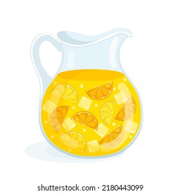 Zumo de limón naranja en un decantador de vidrio con trozos de fruta. Ilustración vectorial de la bebida de limonada cítrica en una jarra. Beber saludable y fresco de verano.