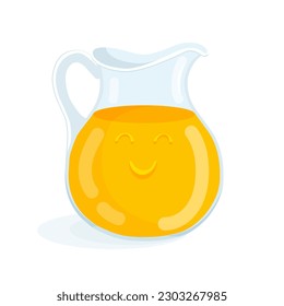 Orange lemon juice in a glass decanter with a cute face. Vector illustration of citrus lemonade drink in a jug. Summer fresh healthy drink.