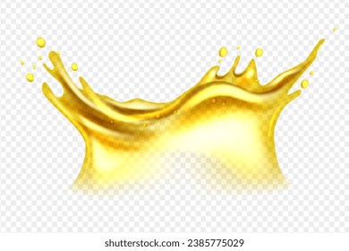 Orange, lemon juice or oil splashes, liquid yellow drink streams with drops. Vector realistic liquid waves of falling and flowing beer, orange, mango or lemon juice, oil, soda or honey