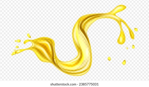 Orange, lemon juice or oil splashes, liquid yellow drink streams with drops. Vector realistic liquid waves of falling and flowing beer, orange, mango or lemon juice, oil, soda or honey