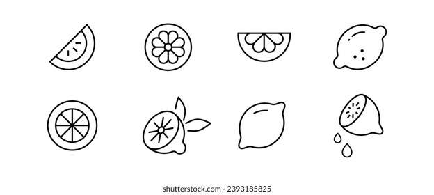 Limón naranja, cal - conjunto de iconos de comida. Conjunto de iconos de línea de cítricos de frutos de granja, trazo editable aislado en blanco, ilustración de contorno de vector lineal, estilo de diseño de logotipo de símbolo