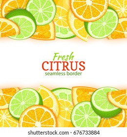 Orange lemon lime fruit horizontal seamless border. Vector illustration card top and bottom Fresh tropical fruits slice for design tea, ice cream, natural cosmetics, health care products, detox diet