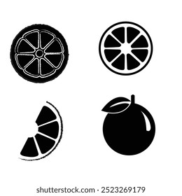 orange, lemon, lime and grapefruit, icons set, black isolated on white background, vector illustration