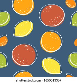 Orange, lemon, lime, grapefruit. Seamless pattern. Colorful line sketch collection of citrus fruits isolated on trendy blue background. Doodle hand drawn vector illustration