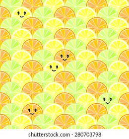 Orange, lemon, lime. Seamless pattern with citrus fruit. Cheerful fruit. Vector.