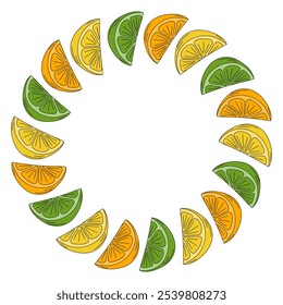 Rodajas de naranja, limón y lima Borde Circle Frame en colores de moda. Plantilla decorativa. Copiar espacio